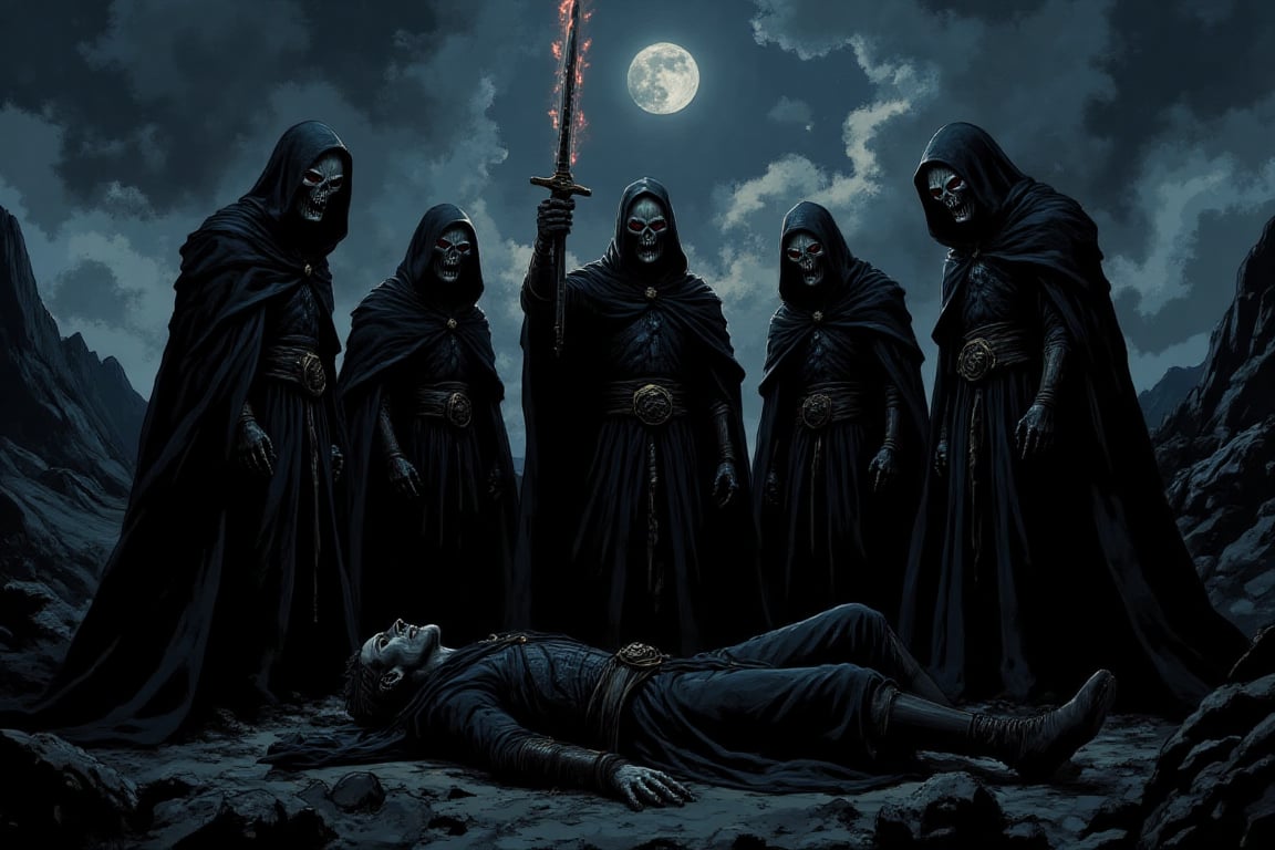 The Nazgûl Surrounding Frodo on Weathertop: "Five Nazgûl in Ringwraith form,  surrounding Frodo on Weathertop under the da...