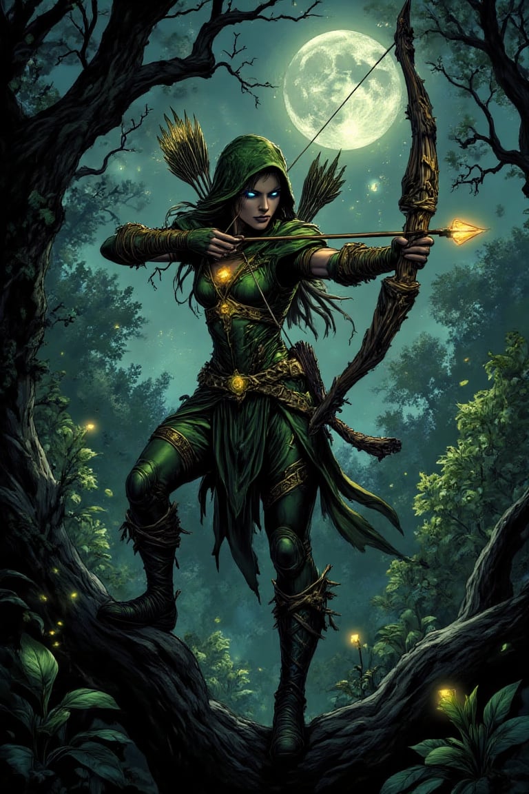 "A mystical archer stands poised on the twisted branch of an ancient tree deep within a moonlit forest. Her slender frame...
