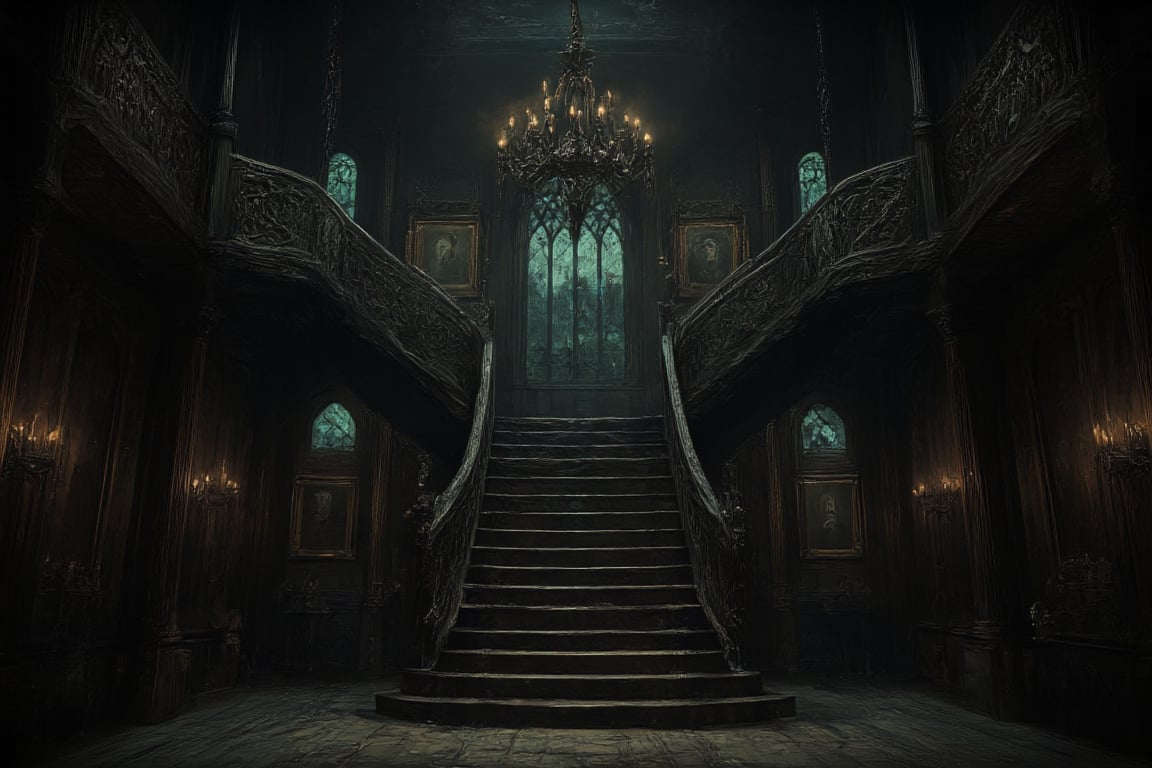 This image depicts the grand interior of a gothic mansion, steeped in mystery and dark elegance, evoking a classic haunted house ambiance.

- **The staircase**: At the center of the image is a large, sweeping staircase that ascends in two directions, forming a dramatic focal point. The staircase is made of dark wood, with intricately carved bannisters that give a sense of grandeur. The shadows cast by the wood add a haunting depth.

- **Chandelier**: Hanging from the high ceiling is a large, ornate chandelier, illuminating the room with a dim, ghostly light. The chandelier's design fits the gothic style, with multiple candles casting flickering shadows across the room.

- **Walls and pillars**: The walls are lined with dark wood paneling, intricately carved with gothic motifs and designs. Large pillars on either side of the staircase add a sense of weight and structure to the room, giving it a cathedral-like atmosphere.

- **Portraits and candles**: Several old portraits hang on the walls, their figures painted in dark tones, further enhancing the unsettling mood. These portraits likely represent the former inhabitants of the mansion, their expressions somber and foreboding. On both sides of the room, tall candelabras hold more candles, adding to the flickering, eerie light in the space.

- **Windows and lighting**: Behind the staircase is a large arched window, with opaque glass, allowing a faint greenish-blue glow to seep through. This light is dim, almost moonlike, contributing to the overall gloomy and supernatural feel. The muted lighting adds mystery, making the room feel uninhabited yet watched.

- **Flooring**: The wooden floor is slightly worn, suggesting that while the mansion is old, it has stood the test of time. The floorboards creak with history, perhaps hiding secrets beneath them.

This image conveys an atmosphere of decay and grandeur, as if this mansion was once magnificent but now holds untold dark stories within its walls. It could easily serve as a setting for a gothic horror narrative or a haunted estate.