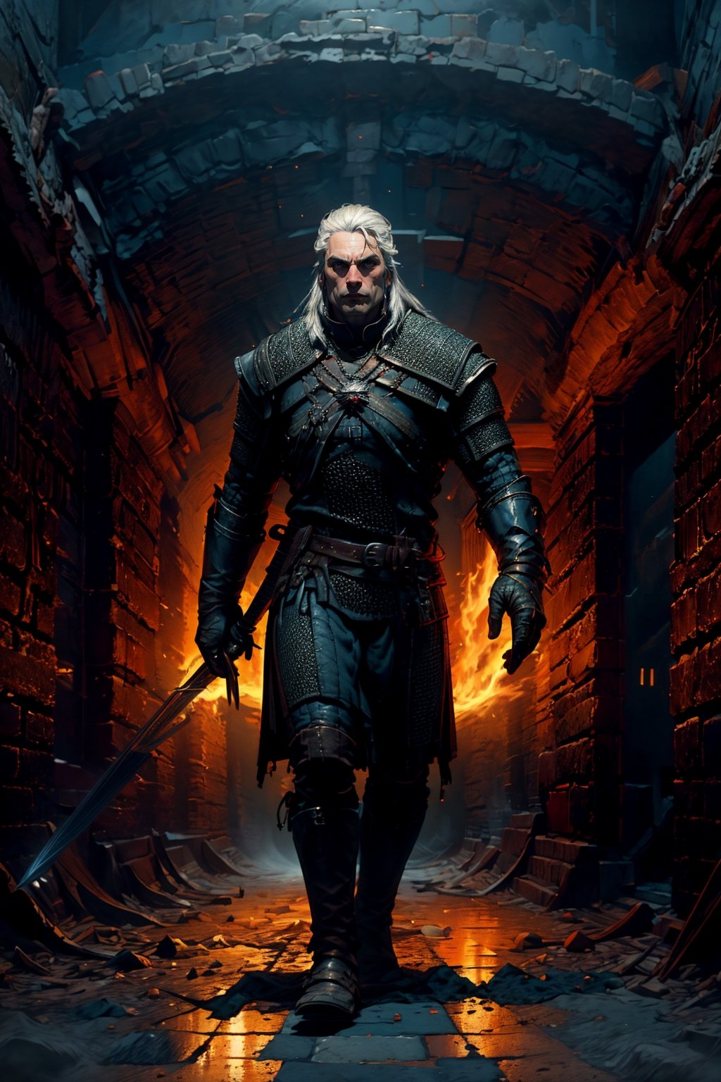 Masterpiece, beautiful details, perfect focus, uniform 8K wallpaper, high resolution, exquisite texture in every detail, The witcher walks through a foggy dark brick hallway, which is sparsely lit with torches hanging in holders on the wall, with his left hand he has drawn his silver sword and points it to the ground, the steel sword is in the sheath on his back,  a grim expression on his face, his medallion hangs visibly around his neck, his cat eyes glow slightly red through the darkness, view from the front, full body, nodf_lora,  beard,  yellow eyes,  armor,  chainmail ,