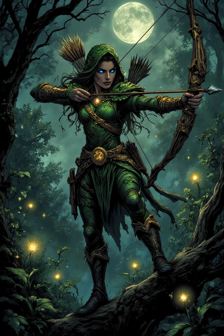 "A mystical archer stands poised on the twisted branch of an ancient tree deep within a moonlit forest. Her slender frame...