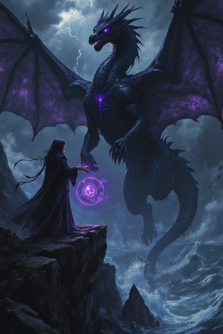 Design a haunting scene of a dark sorceress standing on a jagged cliff at night,  casting a spell that summons a colossal...