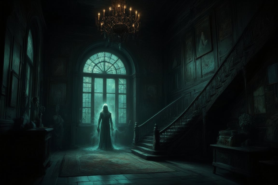 A dimly lit, opulent interior: A grand chandelier casts flickering shadows on dark wood panelled walls, adorned with somber portraits of forgotten ancestors. The sweeping staircase, intricately carved and shadowed, rises from the worn wooden floor, its curves disappearing into the darkness. In the background, a large arched window with opaque glass glows faintly greenish-blue, casting an eerie ambiance. A ghostly apparition, shrouded in mystery, appears in the distance, its ethereal form illuminated by the subtle luminescence.