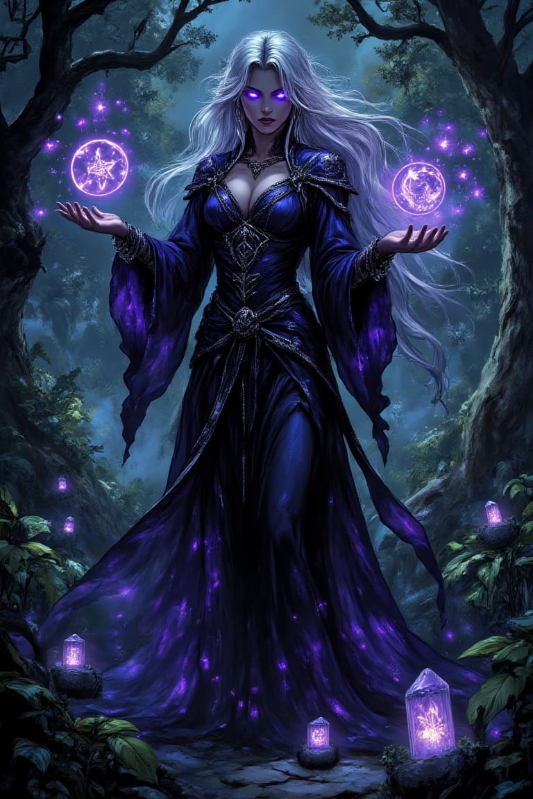 "A mysterious sorceress with glowing violet eyes and long white hair cascading down her back,  wearing a flowing midnight-...