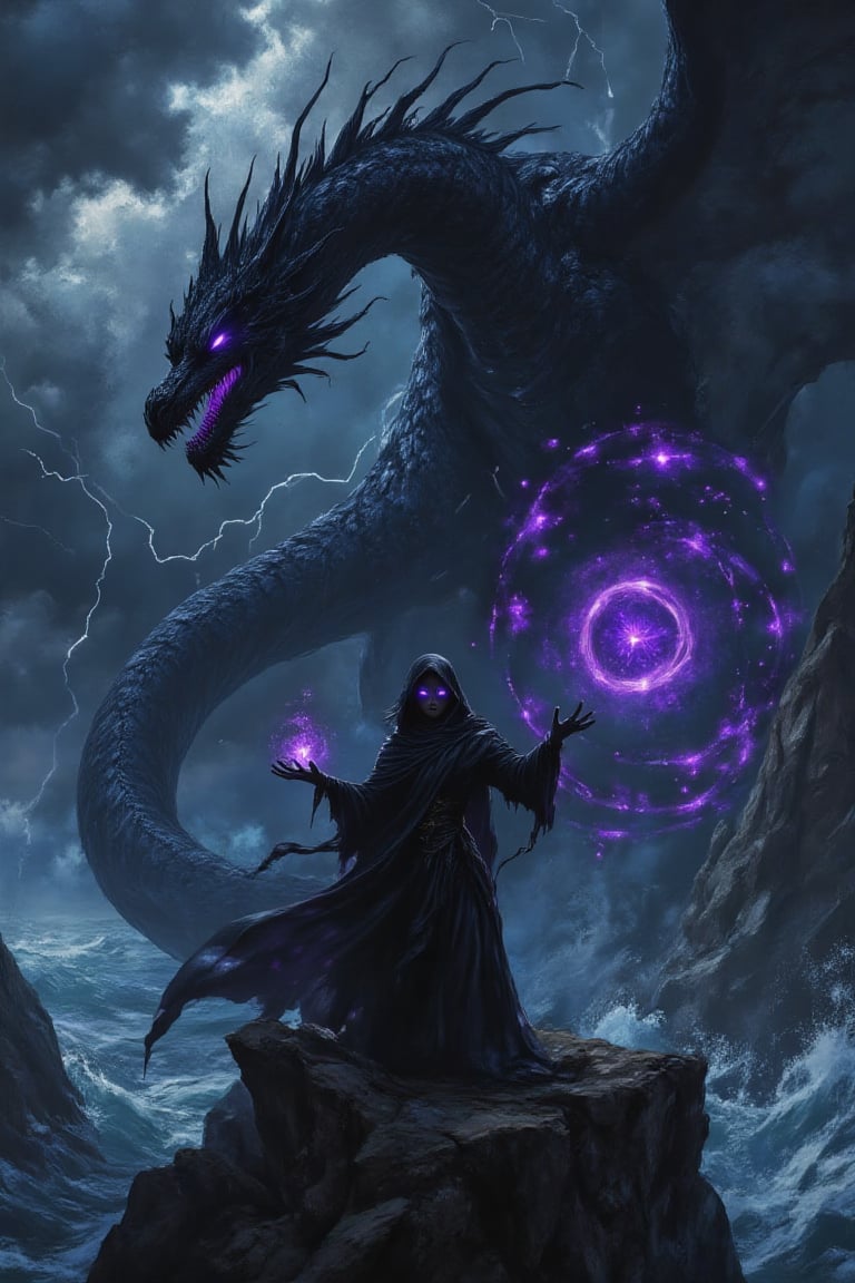 Design a haunting scene of a dark sorceress standing on a jagged cliff at night,  casting a spell that summons a colossal...