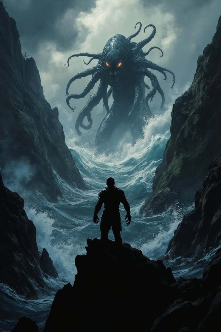 A foreboding vista of jagged cliffs plunging into a turbulent sea,  where a lone figure stands silhouetted against a heavy...