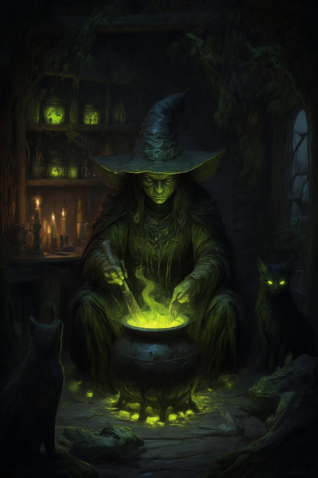 A dark, eerie hut hidden deep in a foggy, ancient forest. A wicked witch sits hunched over a bubbling cauldron, stirring a glowing, poisonous green potion with gnarled fingers grasping a wooden spoon. Flickering candlelight casts long shadows across the dimly lit room, illuminating shelves cluttered with strange ingredients—jars of preserved eyes, dried herbs, animal bones, and glowing crystals. In the background, a black cat watches with glowing eyes, adding to the atmosphere thick with mystery, danger, and dark magic.