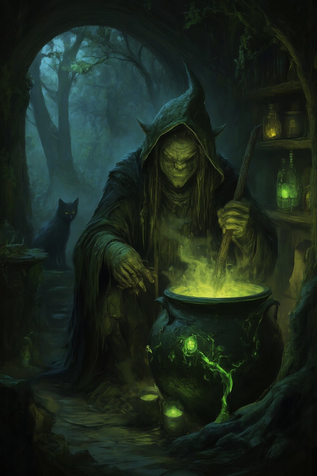 "A dark, eerie hut hidden deep in a foggy, ancient forest. A wicked witch sits hunched over a bubbling cauldron, stirring a glowing, poisonous green potion. Her gnarled fingers grasp a wooden spoon as tendrils of smoke curl from the cauldron, filling the dimly lit room. The shelves are cluttered with strange ingredients—jars of preserved eyes, dried herbs, animal bones, and glowing crystals. Flickering candlelight casts long shadows, and in the background, a black cat watches with glowing eyes. The atmosphere is thick with mystery, danger, and dark magic,Fantasy drawing