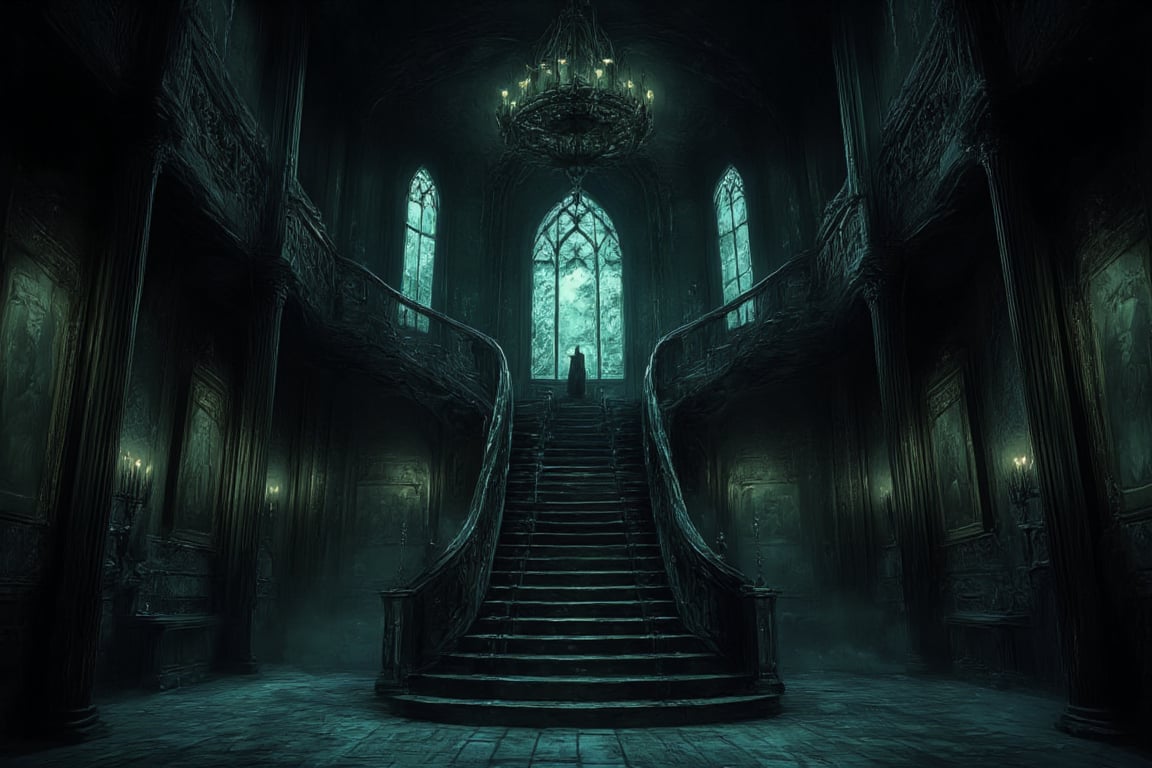 This image depicts the grand interior of a gothic mansion, steeped in mystery and dark elegance, evoking a classic haunted house ambiance.

- **The staircase**: At the center of the image is a large, sweeping staircase that ascends in two directions, forming a dramatic focal point. The staircase is made of dark wood, with intricately carved bannisters that give a sense of grandeur. The shadows cast by the wood add a haunting depth.

- **Chandelier**: Hanging from the high ceiling is a large, ornate chandelier, illuminating the room with a dim, ghostly light. The chandelier's design fits the gothic style, with multiple candles casting flickering shadows across the room.

- **Walls and pillars**: The walls are lined with dark wood paneling, intricately carved with gothic motifs and designs. Large pillars on either side of the staircase add a sense of weight and structure to the room, giving it a cathedral-like atmosphere.

- **Portraits and candles**: Several old portraits hang on the walls, their figures painted in dark tones, further enhancing the unsettling mood. These portraits likely represent the former inhabitants of the mansion, their expressions somber and foreboding. On both sides of the room, tall candelabras hold more candles, adding to the flickering, eerie light in the space.

- **Windows and lighting**: Behind the staircase is a large arched window, with opaque glass, allowing a faint greenish-blue glow to seep through. This light is dim, almost moonlike, contributing to the overall gloomy and supernatural feel. The muted lighting adds mystery, making the room feel uninhabited yet watched.

- **Flooring**: The wooden floor is slightly worn, suggesting that while the mansion is old, it has stood the test of time. The floorboards creak with history, perhaps hiding secrets beneath them.

This image conveys an atmosphere of decay and grandeur, as if this mansion was once magnificent but now holds untold dark stories within its walls. It could easily serve as a setting for a gothic horror narrative or a haunted estate.