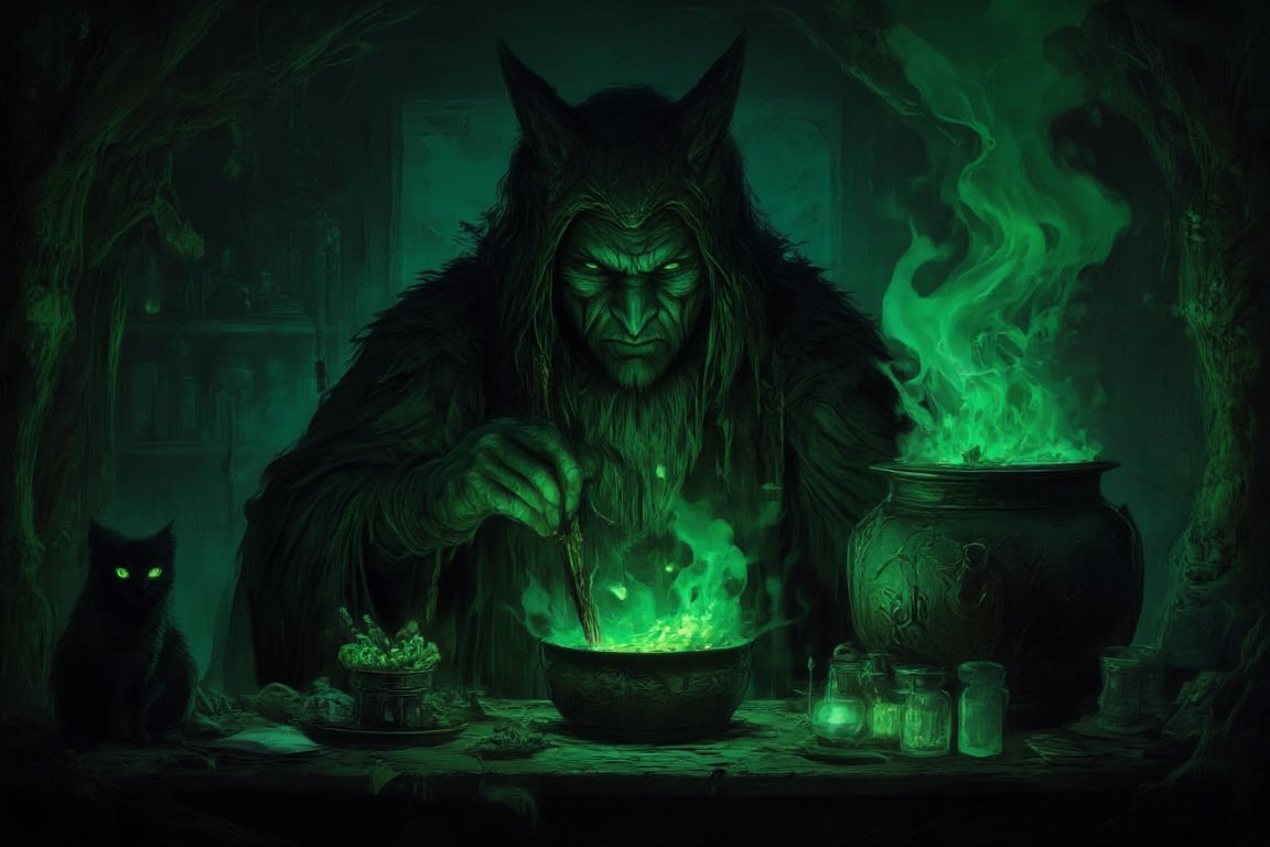 "A dark, eerie hut hidden deep in a foggy, ancient forest. A wicked witch sits hunched over a bubbling cauldron, stirring a glowing, poisonous green potion. Her gnarled fingers grasp a wooden spoon as tendrils of smoke curl from the cauldron, filling the dimly lit room. The shelves are cluttered with strange ingredients—jars of preserved eyes, dried herbs, animal bones, and glowing crystals. Flickering candlelight casts long shadows, and in the background, a black cat watches with glowing eyes. The atmosphere is thick with mystery, danger, and dark magic,Fantasy drawing