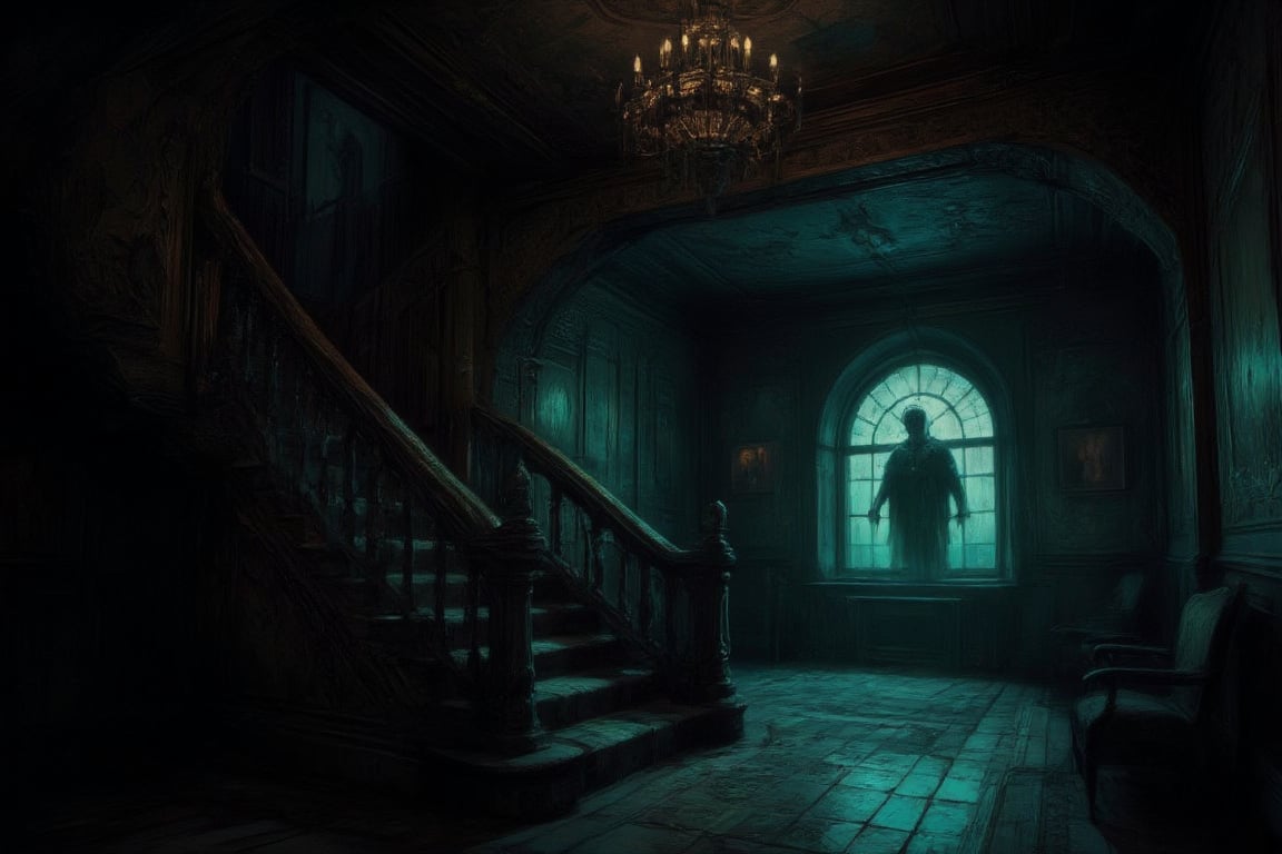 Here's an SD prompt:

Capture a hauntingly grand interior scene: A dimly lit chandelier casts flickering shadows on dark wood panelled walls adorned with somber portraits. A sweeping staircase, intricately carved and shadowed, ascends from the worn wooden floor. Behind it, an arched window with opaque glass glows faintly greenish-blue, illuminating the eerie atmosphere. In the background, a ghostly apparition appears shrouded in mystery, its pale form illuminated by the soft, ethereal light.