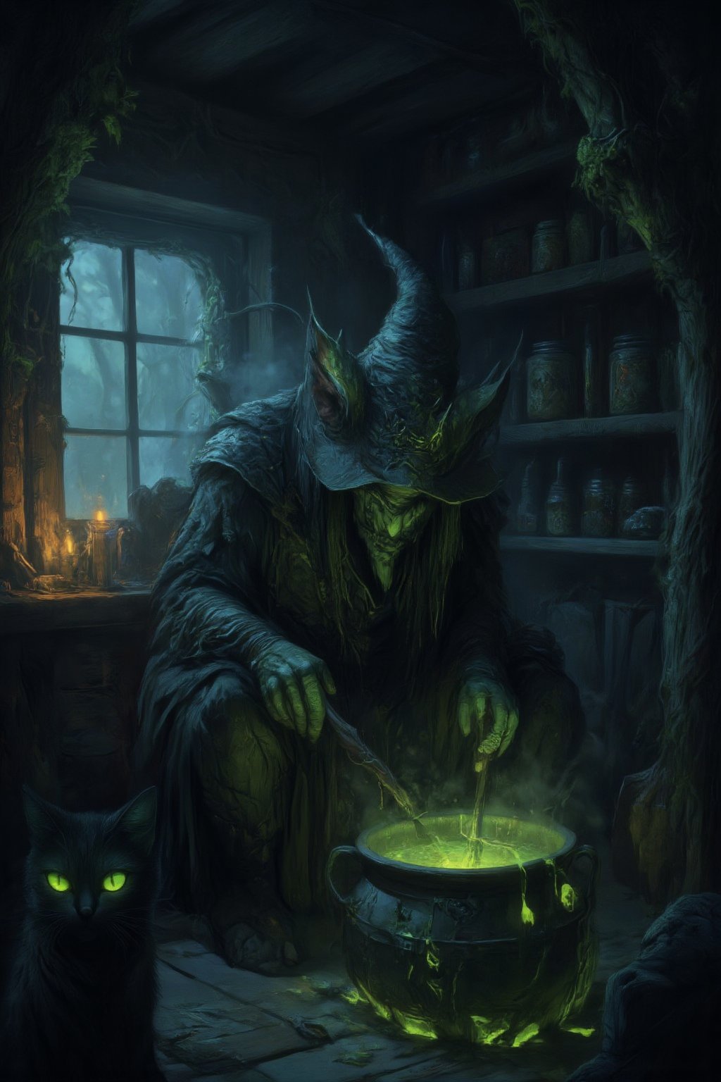 A dark, eerie hut hidden deep in a foggy, ancient forest. A wicked witch sits hunched over a bubbling cauldron, stirring a glowing, poisonous green potion with gnarled fingers grasping a wooden spoon. Flickering candlelight casts long shadows across the dimly lit room, illuminating shelves cluttered with strange ingredients—jars of preserved eyes, dried herbs, animal bones, and glowing crystals. In the background, a black cat watches with glowing eyes, adding to the atmosphere thick with mystery, danger, and dark magic.