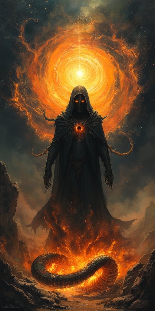 A dark mystical entity emerges from the edge of a swirling vortex of cosmic energy,  shrouded in serpentine flames that wr...