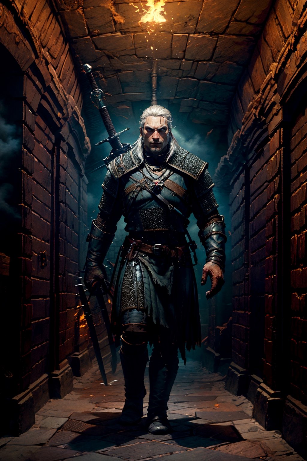 Masterpiece, beautiful details, perfect focus, uniform 8K wallpaper, high resolution, exquisite texture in every detail, The witcher walks through a foggy dark brick hallway, which is sparsely lit with torches hanging in holders on the wall, with his left hand he has drawn his silver sword and points it to the ground, the steel sword is in the sheath on his back,  a grim expression on his face, his medallion hangs visibly around his neck, his eyes glow slightly red through the darkness, view from the front, full body, nodf_lora,  beard,  yellow eyes,  armor,  chainmail ,