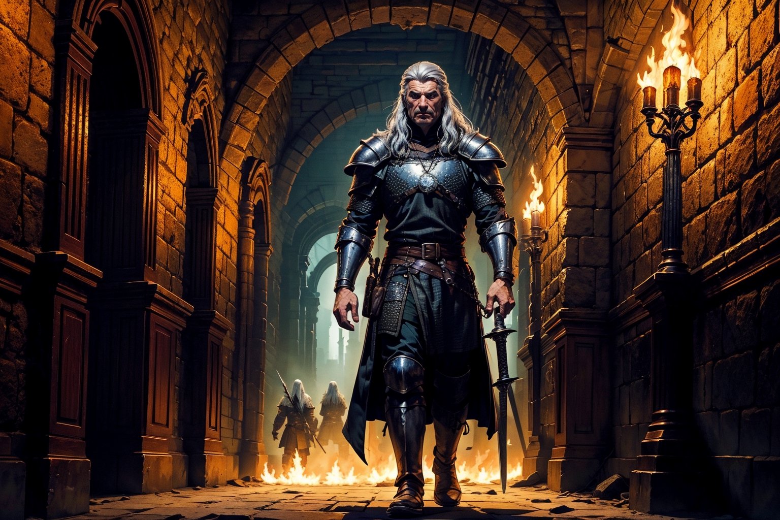 Masterpiece, beautiful details, perfect focus, uniform 8K wallpaper, high resolution, exquisite texture in every detail, The witcher walks through a foggy dark brick hallway, which is sparsely lit with torches hanging in holders on the wall, with his left hand he has drawn his silver sword and points it to the ground, the steel sword is in the sheath on his back,  a grim expression on his face, his medallion hangs visibly around his neck, eyes glows yellow, view from the front, full body, nodf_lora,  beard,  yellow eyes,  armor,  chainmail ,insertNameHere