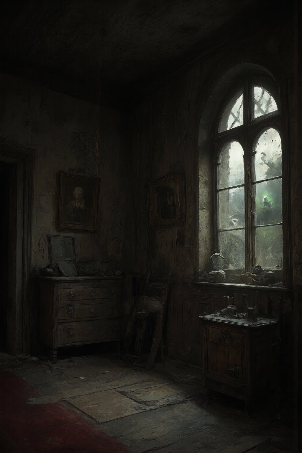 This image showcases an eerie, abandoned interior of a house with a gothic and haunting atmosphere. The setting is dimly lit, giving the space a mysterious and unsettling feel. 

- **The room**: The floors are wooden and worn, with a faded red carpet running along part of the floor. The wallpaper or paint on the walls is cracked and peeling, indicating years of neglect.
  
- **The staircase**: On the left, an old staircase leads up to a darkened upper floor. The wood of the bannister is rotting, with parts missing or decayed, adding to the sense of abandonment.

- **Artwork and furniture**: Several portraits and framed pictures hang on the walls, their subjects barely visible due to grime and dust. The paintings seem to belong to another era, further enhancing the gothic theme. A weathered chest of drawers sits beneath some of the artwork, covered in dust and signs of decay. 

- **Lighting**: Natural light barely penetrates the room from the large arched window on the right, casting long shadows that add to the room’s haunted atmosphere. The glass is grimy, suggesting the place hasn’t been cleaned or lived in for a long time.

- **Decay and disrepair**: The ceiling is dark and cracked, with some sections showing significant water damage. The walls are deteriorating, and parts of the woodwork are splintered or missing. There’s a palpable sense of abandonment and decay throughout the image.

Overall, the space gives the impression of a once-grand home now forgotten and overtaken by time, perfect for a haunted house or ghostly setting. A ghostly apparition that appears slightly green is easily visible in the background