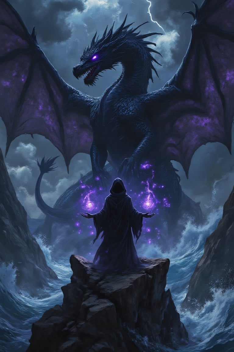 Design a haunting scene of a dark sorceress standing on a jagged cliff at night,  casting a spell that summons a colossal...