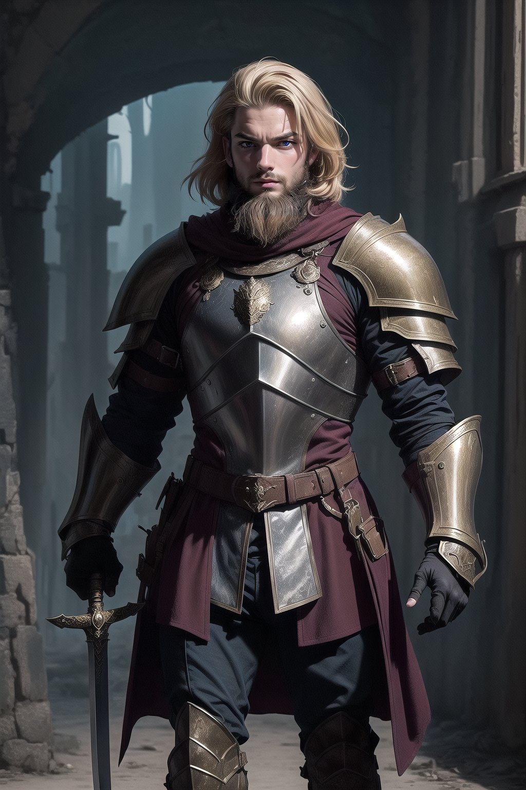 Man 20 years old,Paladin,steel plate armor,((chest plate is angled giving it a edgy look while sectioned into multiple plates)),plate arm guards,armor,long plate boots,Brown cloak covering his face, a full well-maintained beard adorns his jawline, he is holding a beautifull sword. (dirty blonde hair color). he is walking through the desert. (((dark fantasy artstyle))).

Style: dark fantasy, gothic, ((((best artpiece ever))))