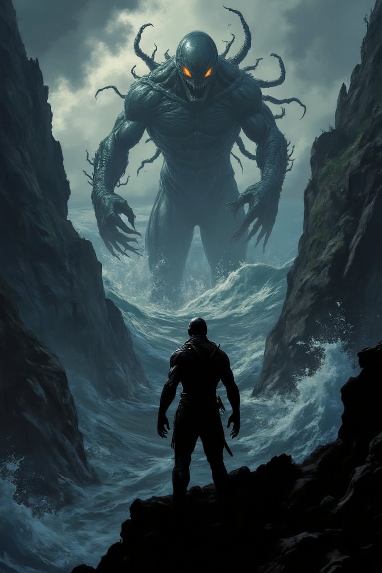 A foreboding vista of jagged cliffs plunging into a turbulent sea,  where a lone figure stands silhouetted against a heavy...