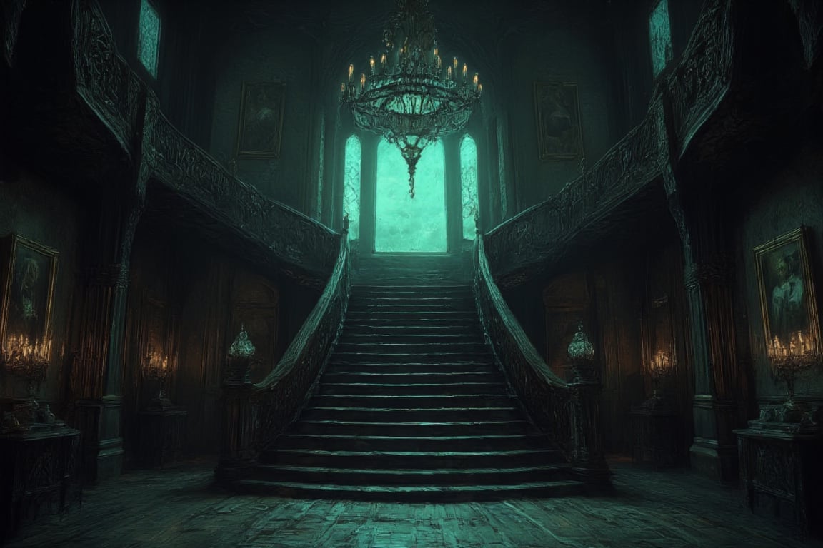 This image depicts the grand interior of a gothic mansion, steeped in mystery and dark elegance, evoking a classic haunted house ambiance.

- **The staircase**: At the center of the image is a large, sweeping staircase that ascends in two directions, forming a dramatic focal point. The staircase is made of dark wood, with intricately carved bannisters that give a sense of grandeur. The shadows cast by the wood add a haunting depth.

- **Chandelier**: Hanging from the high ceiling is a large, ornate chandelier, illuminating the room with a dim, ghostly light. The chandelier's design fits the gothic style, with multiple candles casting flickering shadows across the room.

- **Walls and pillars**: The walls are lined with dark wood paneling, intricately carved with gothic motifs and designs. Large pillars on either side of the staircase add a sense of weight and structure to the room, giving it a cathedral-like atmosphere.

- **Portraits and candles**: Several old portraits hang on the walls, their figures painted in dark tones, further enhancing the unsettling mood. These portraits likely represent the former inhabitants of the mansion, their expressions somber and foreboding. On both sides of the room, tall candelabras hold more candles, adding to the flickering, eerie light in the space.

- **Windows and lighting**: Behind the staircase is a large arched window, with opaque glass, allowing a faint greenish-blue glow to seep through. This light is dim, almost moonlike, contributing to the overall gloomy and supernatural feel. The muted lighting adds mystery, making the room feel uninhabited yet watched.

- **Flooring**: The wooden floor is slightly worn, suggesting that while the mansion is old, it has stood the test of time. The floorboards creak with history, perhaps hiding secrets beneath them.

This image conveys an atmosphere of decay and grandeur, as if this mansion was once magnificent but now holds untold dark stories within its walls. It could easily serve as a setting for a gothic horror narrative or a haunted estate.