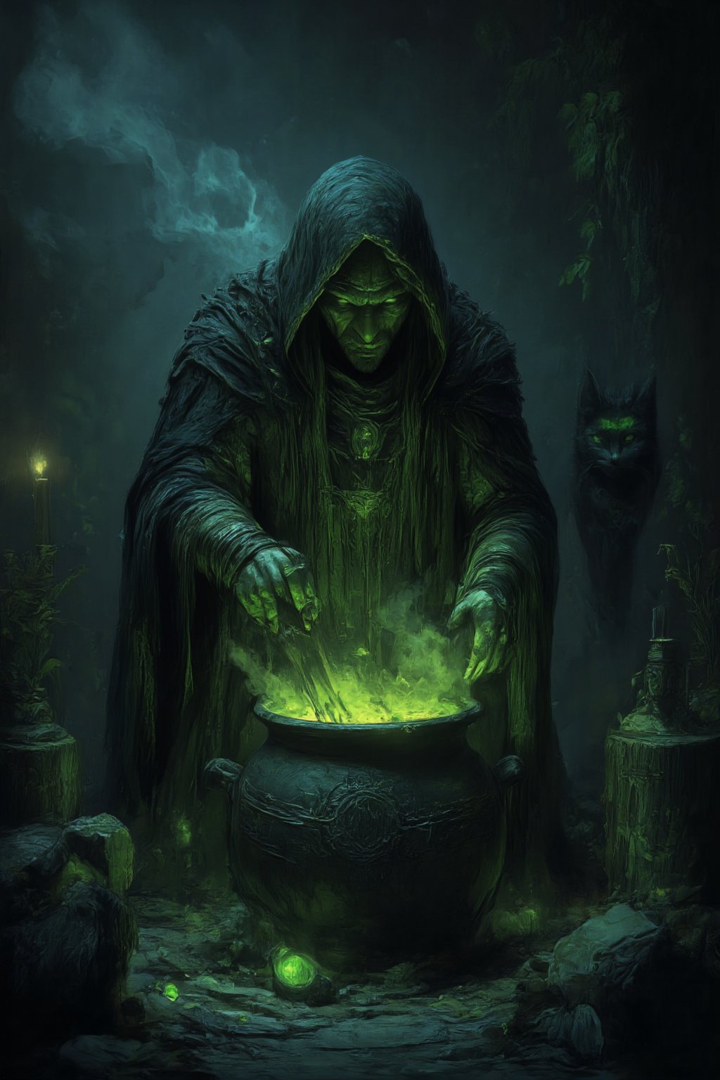 Deep within a fog-shrouded ancient forest, a mysterious hut emerges from the mist. Inside, a wicked witch hunches over a bubbling cauldron, stirring a toxic green potion as tendrils of smoke curl upward, illuminating her gnarled fingers grasping a wooden spoon. The dimly lit room is cluttered with strange ingredients: jars of preserved eyes, dried herbs, animal bones, and glowing crystals. Flickering candlelight casts long shadows across the walls, where a black cat watches with piercing green eyes in the background. A dark, eerie atmosphere pervades, exuding mystery, danger, and an aura of dark magic.,hkstyle