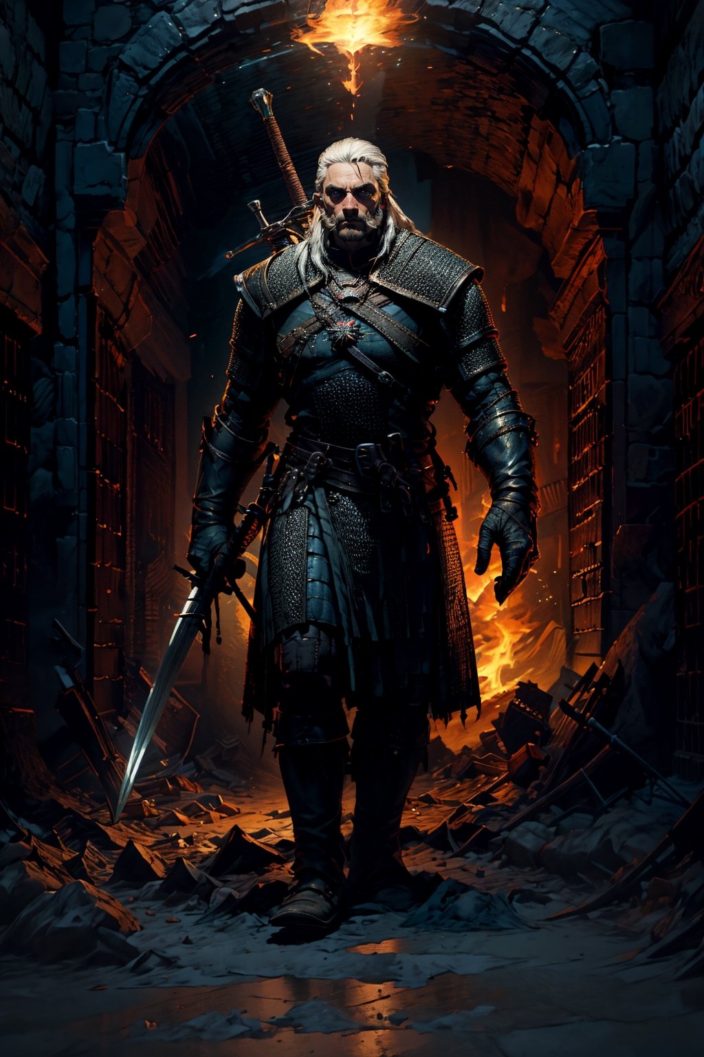 Masterpiece, beautiful details, perfect focus, uniform 8K wallpaper, high resolution, exquisite texture in every detail, The witcher walks through a foggy dark brick hallway, which is sparsely lit with torches hanging in holders on the wall, with his left hand he has drawn his silver sword and points it to the ground, the steel sword is in the sheath on his back,  a grim expression on his face, his medallion hangs visibly around his neck, his cat eyes glow slightly red through the darkness, view from the front, full body, nodf_lora,  beard,  yellow eyes,  armor,  chainmail ,