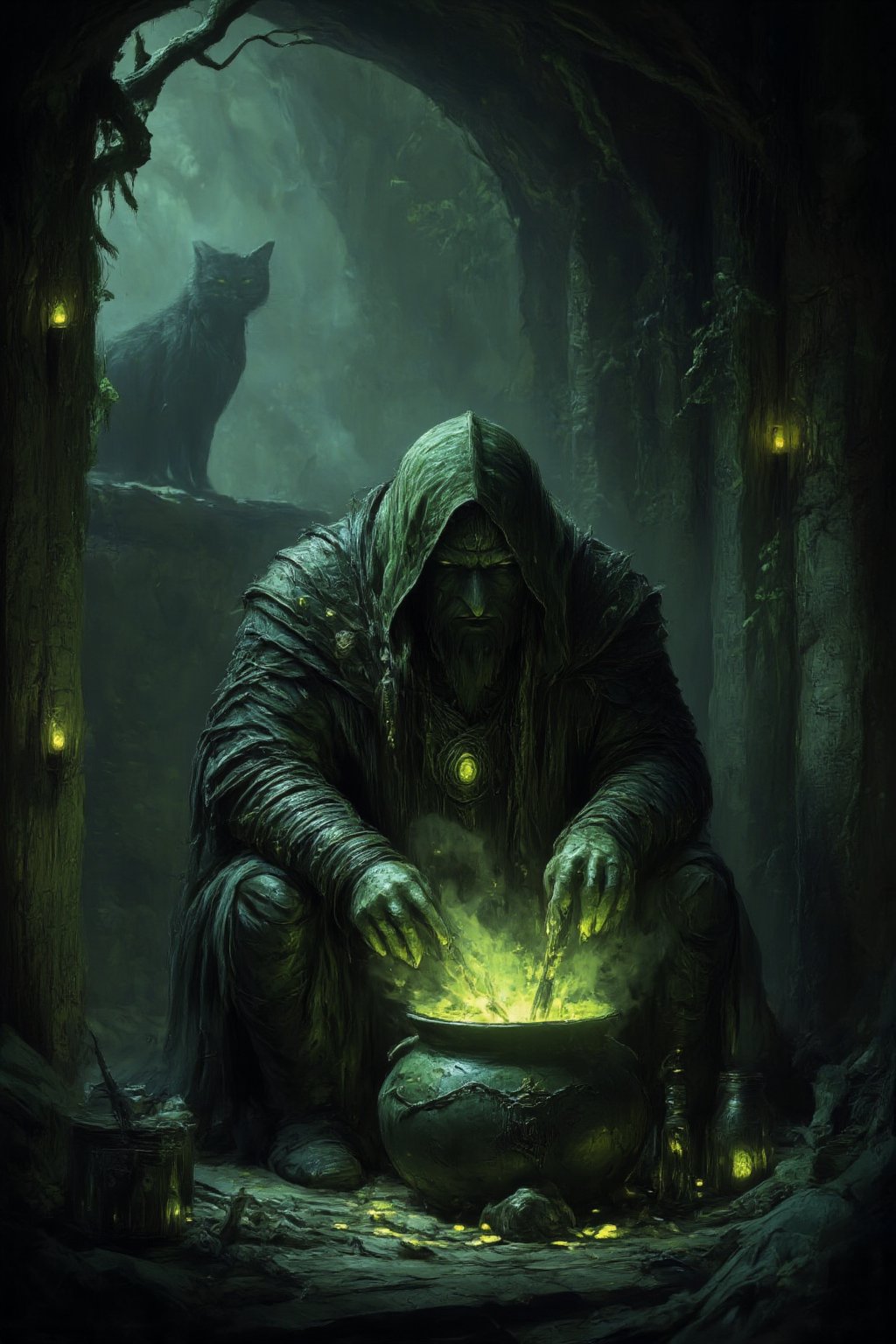 Deep within a fog-shrouded ancient forest, a mysterious hut emerges from the mist. Inside, a wicked witch hunches over a bubbling cauldron, stirring a toxic green potion as tendrils of smoke curl upward, illuminating her gnarled fingers grasping a wooden spoon. The dimly lit room is cluttered with strange ingredients: jars of preserved eyes, dried herbs, animal bones, and glowing crystals. Flickering candlelight casts long shadows across the walls, where a black cat watches with piercing green eyes in the background. A dark, eerie atmosphere pervades, exuding mystery, danger, and an aura of dark magic.,hkstyle