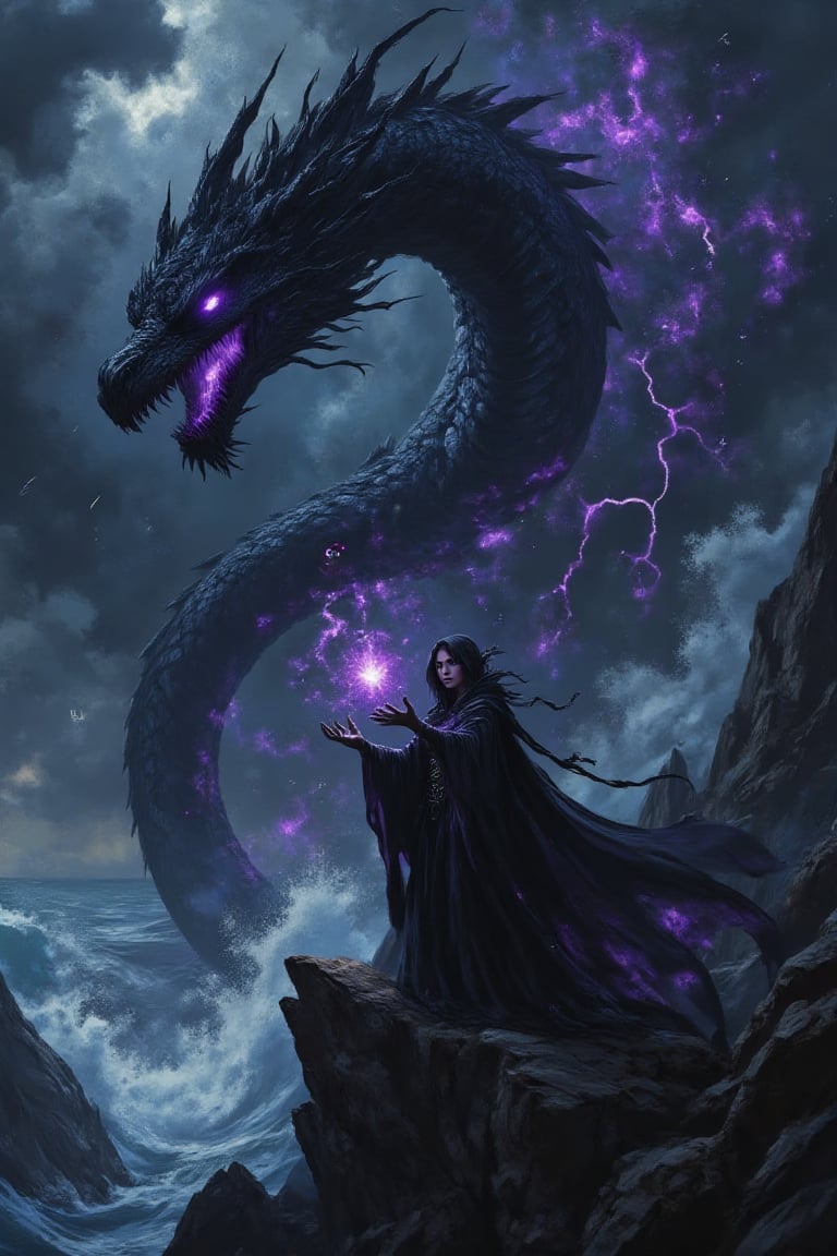 Design a haunting scene of a dark sorceress standing on a jagged cliff at night,  casting a spell that summons a colossal...