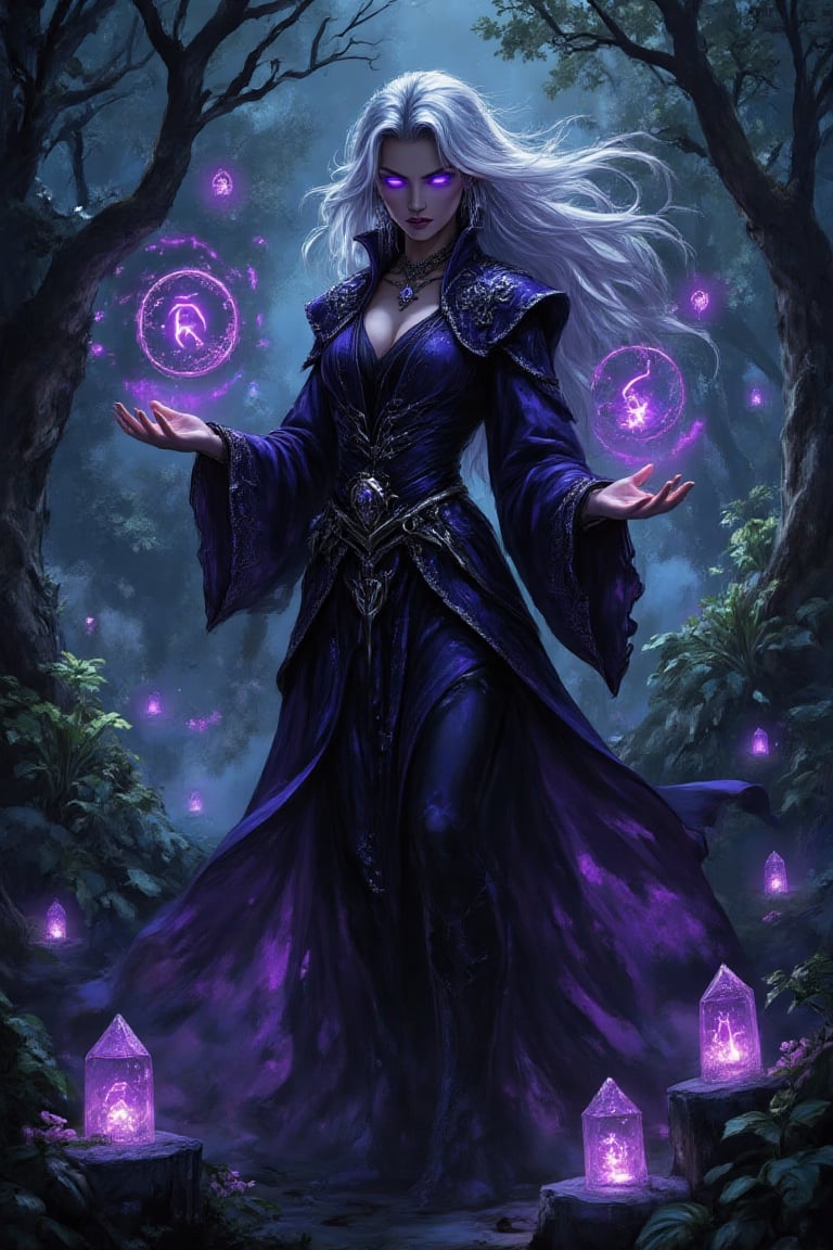 "A mysterious sorceress with glowing violet eyes and long white hair cascading down her back,  wearing a flowing midnight-...