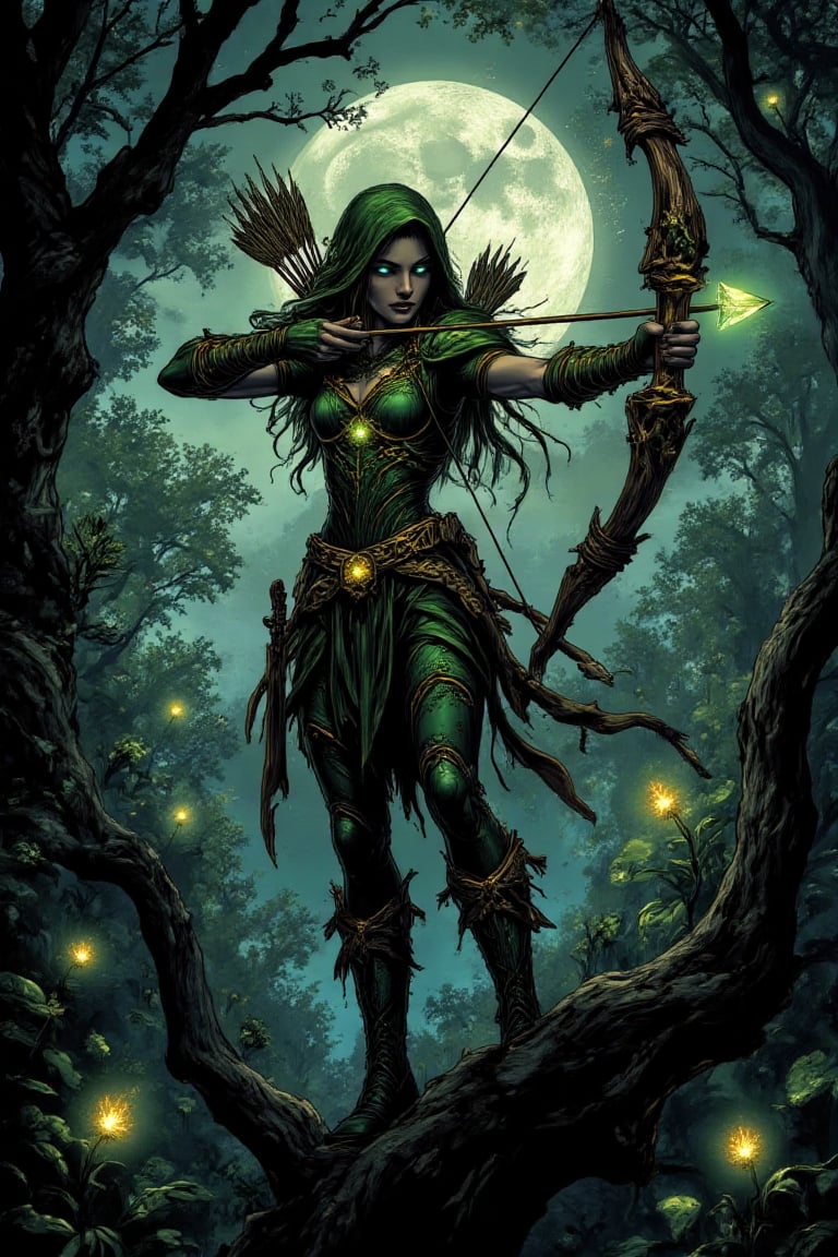 "A mystical archer stands poised on the twisted branch of an ancient tree deep within a moonlit forest. Her slender frame...