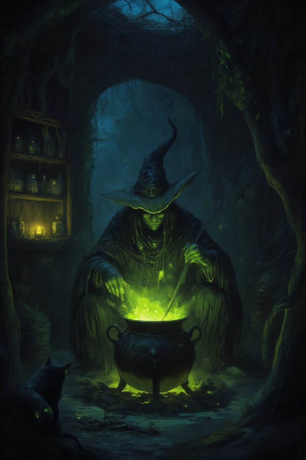 A dark, eerie hut hidden deep in a foggy, ancient forest. A wicked witch sits hunched over a bubbling cauldron, stirring a glowing, poisonous green potion with gnarled fingers grasping a wooden spoon. Flickering candlelight casts long shadows across the dimly lit room, illuminating shelves cluttered with strange ingredients—jars of preserved eyes, dried herbs, animal bones, and glowing crystals. In the background, a black cat watches with glowing eyes, adding to the atmosphere thick with mystery, danger, and dark magic.