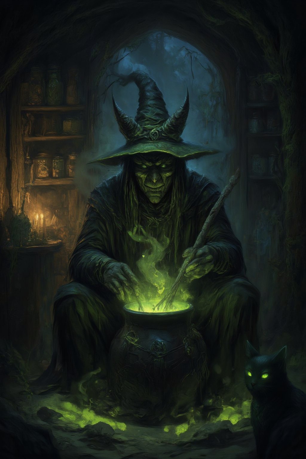 A dark, eerie hut hidden deep in a foggy, ancient forest. A wicked witch sits hunched over a bubbling cauldron, stirring a glowing, poisonous green potion with gnarled fingers grasping a wooden spoon. Flickering candlelight casts long shadows across the dimly lit room, illuminating shelves cluttered with strange ingredients—jars of preserved eyes, dried herbs, animal bones, and glowing crystals. In the background, a black cat watches with glowing eyes, adding to the atmosphere thick with mystery, danger, and dark magic.