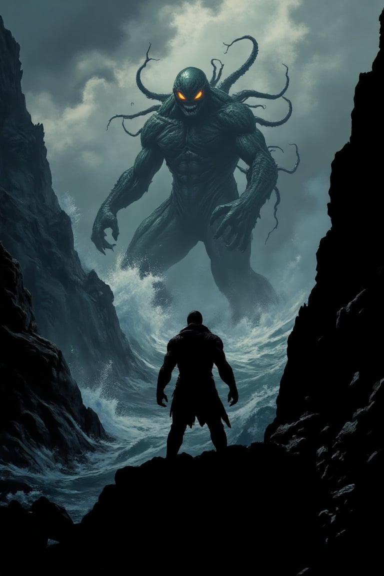 A foreboding vista of jagged cliffs plunging into a turbulent sea,  where a lone figure stands silhouetted against a heavy...
