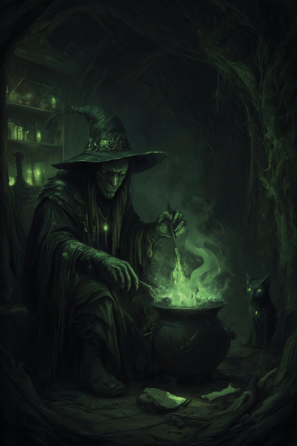 A dark, eerie hut hidden deep in a foggy, ancient forest, the dimly lit interior illuminated by flickering candles casting long shadows across shelves cluttered with strange ingredients: preserved eyes, dried herbs, animal bones, and glowing crystals. A wicked witch sits hunched over a bubbling cauldron, stirring a glowing, poisonous green potion with gnarled fingers grasping a wooden spoon as tendrils of smoke curl into the air. In the background, a black cat watches with glowing eyes, the atmosphere thick with mystery, danger, and dark magic.