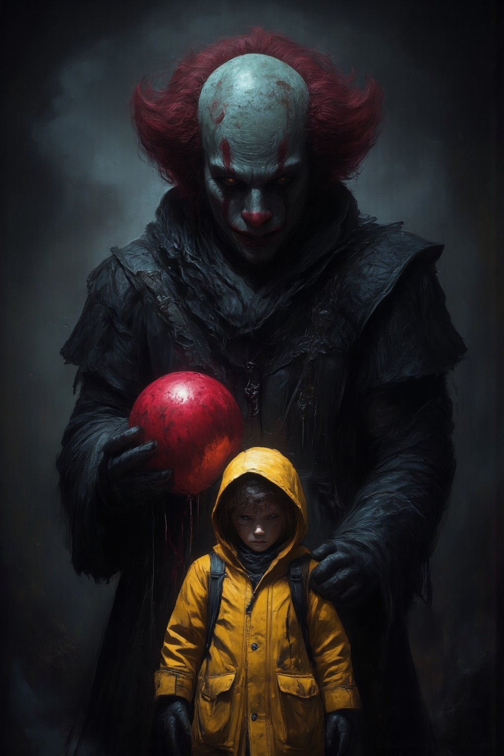 A haunting portrait: a menacing clown grasps a crimson balloon against a backdrop of foreboding darkness and misty gloom. The clown's gaze fixes on a wide-eyed youngster clad in a bright yellow raincoat, transfixed by the balloon as if under its spell. The atmosphere is heavy with foreboding, a sense of unease pervades this eerie scene.