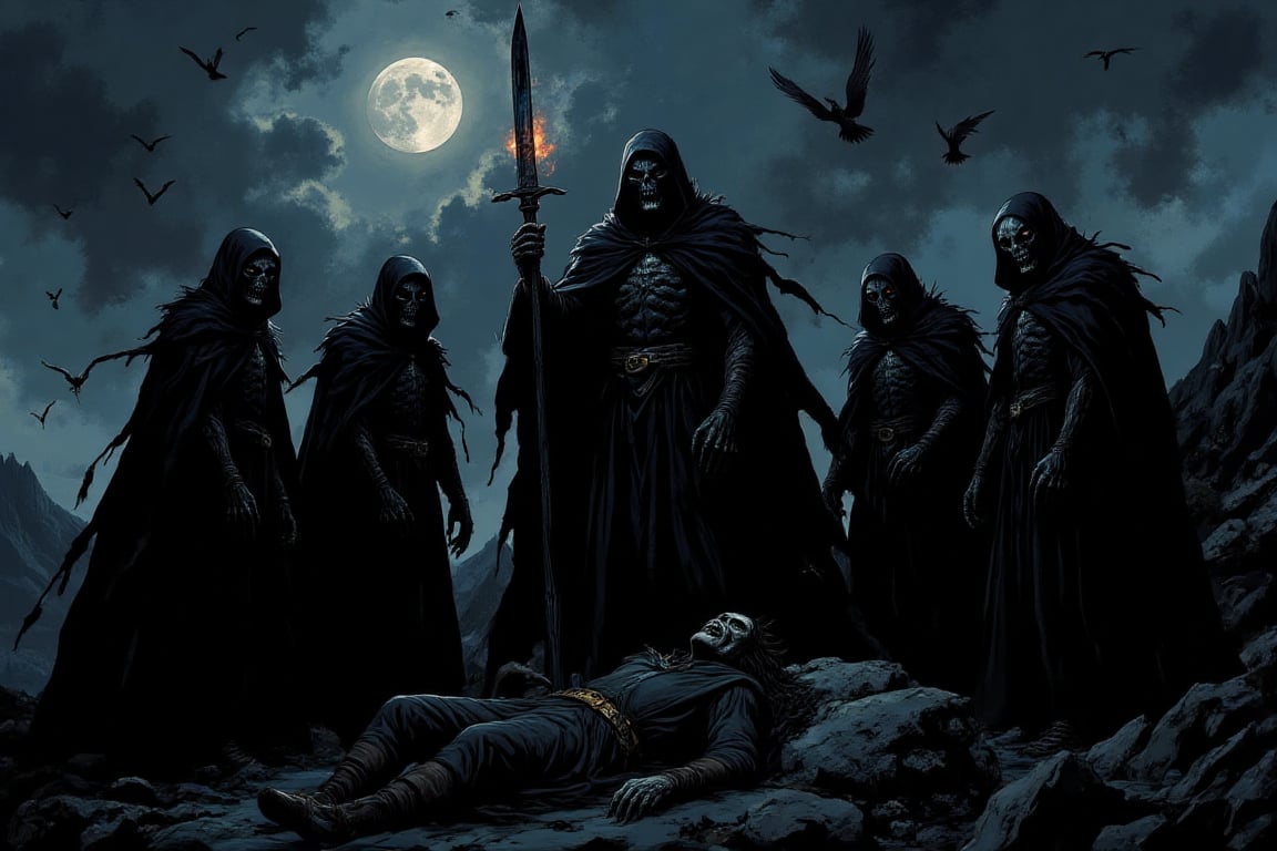The Nazgûl Surrounding Frodo on Weathertop: "Five Nazgûl in Ringwraith form,  surrounding Frodo on Weathertop under the da...