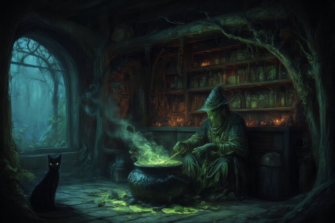 "A dark, eerie hut hidden deep in a foggy, ancient forest. A wicked witch sits hunched over a bubbling cauldron, stirring a glowing, poisonous green potion. Her gnarled fingers grasp a wooden spoon as tendrils of smoke curl from the cauldron, filling the dimly lit room. The shelves are cluttered with strange ingredients—jars of preserved eyes, dried herbs, animal bones, and glowing crystals. Flickering candlelight casts long shadows, and in the background, a black cat watches with glowing eyes. The atmosphere is thick with mystery, danger, and dark magic,Fantasy drawing