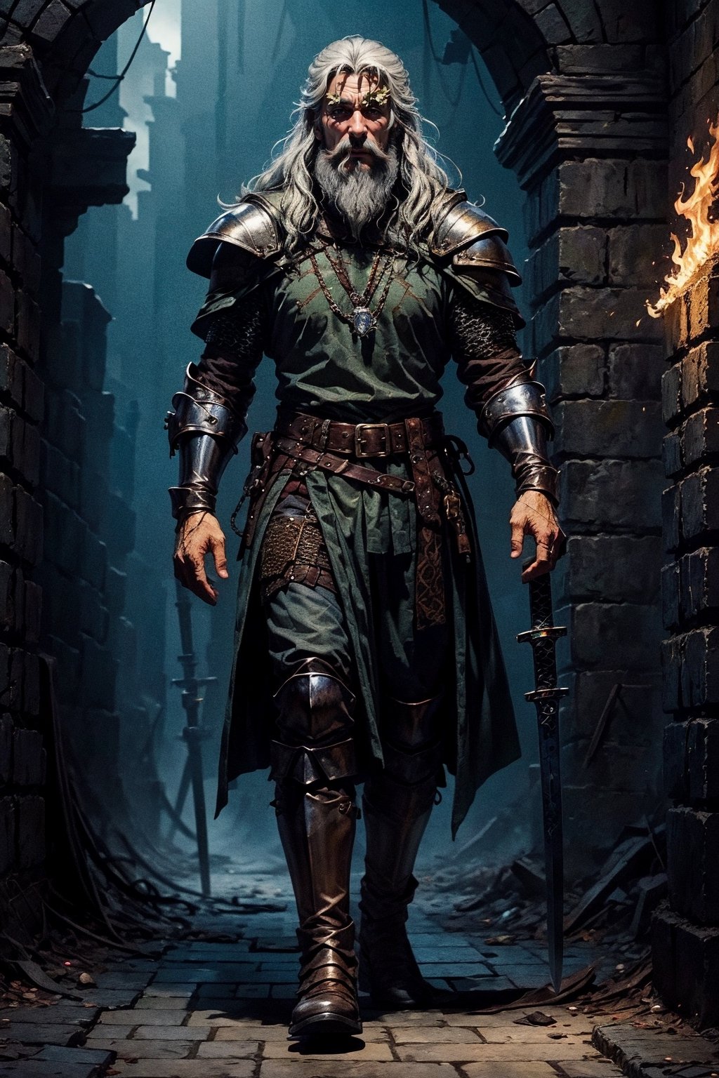 Masterpiece, beautiful details, perfect focus, uniform 8K wallpaper, high resolution, exquisite texture in every detail, The witcher walks through a foggy dark brick hallway, which is sparsely lit with torches hanging in holders on the wall, with his left hand he has drawn his silver sword and points it to the ground, the steel sword is in the sheath on his back,  a grim expression on his face, his medallion hangs visibly around his neck, his eyes glow slightly red through the darkness, view from the front, full body, nodf_lora,  beard,  yellow eyes,  armor,  chainmail ,