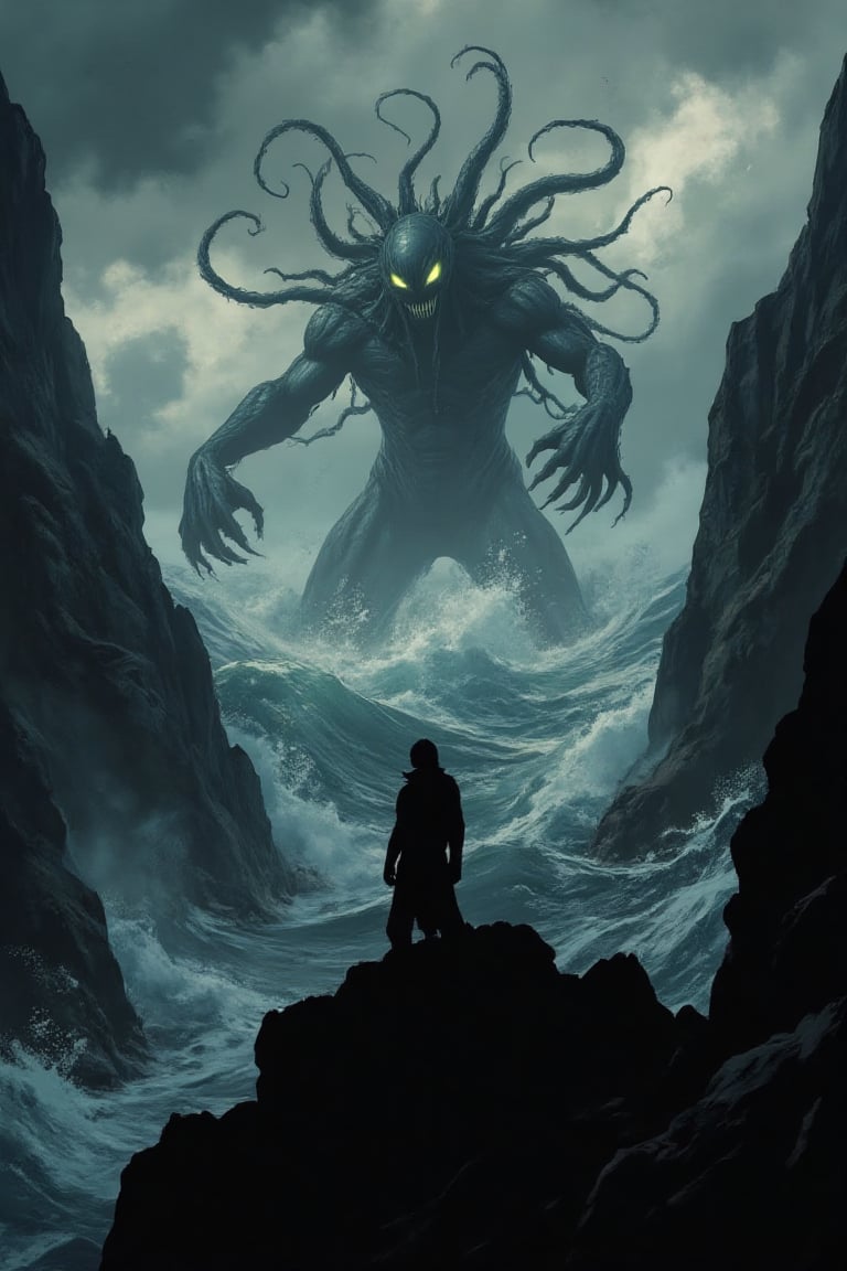 A foreboding vista of jagged cliffs plunging into a turbulent sea,  where a lone figure stands silhouetted against a heavy...