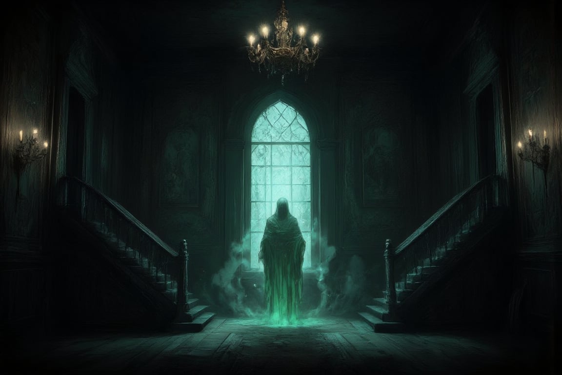 Here's a prompt for an SD image based on your description:

A hauntingly grand interior: The dimly lit, ornate chandelier casts flickering shadows across the dark wood panelled walls adorned with somber portraits. A sweeping staircase, intricately carved and shadowed, ascends in two directions from the worn wooden floor. Behind it, a large arched window with opaque glass allows a faint greenish-blue glow to seep through, illuminating the room's eerie atmosphere. In the background, a ghostly apparition appears slightly green, shrouded in mystery.