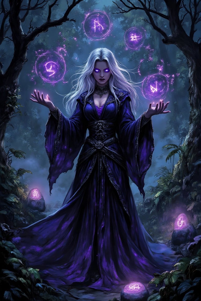 "A mysterious sorceress with glowing violet eyes and long white hair cascading down her back,  wearing a flowing midnight-...