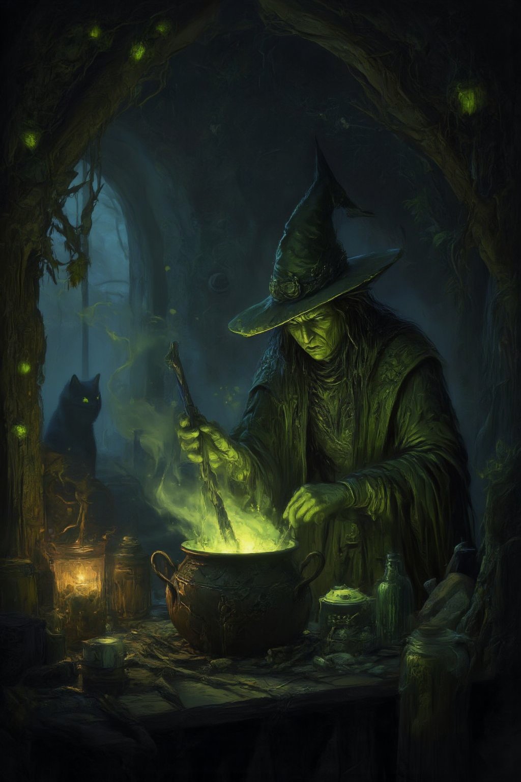 Deep within a fog-shrouded ancient forest, a mysterious hut emerges from the mist. Inside, a wicked witch hunches over a bubbling cauldron, stirring a toxic green potion as tendrils of smoke curl upward, illuminating her gnarled fingers grasping a wooden spoon. The dimly lit room is cluttered with strange ingredients: jars of preserved eyes, dried herbs, animal bones, and glowing crystals. Flickering candlelight casts long shadows across the walls, where a black cat watches with piercing green eyes in the background. A dark, eerie atmosphere pervades, exuding mystery, danger, and an aura of dark magic.