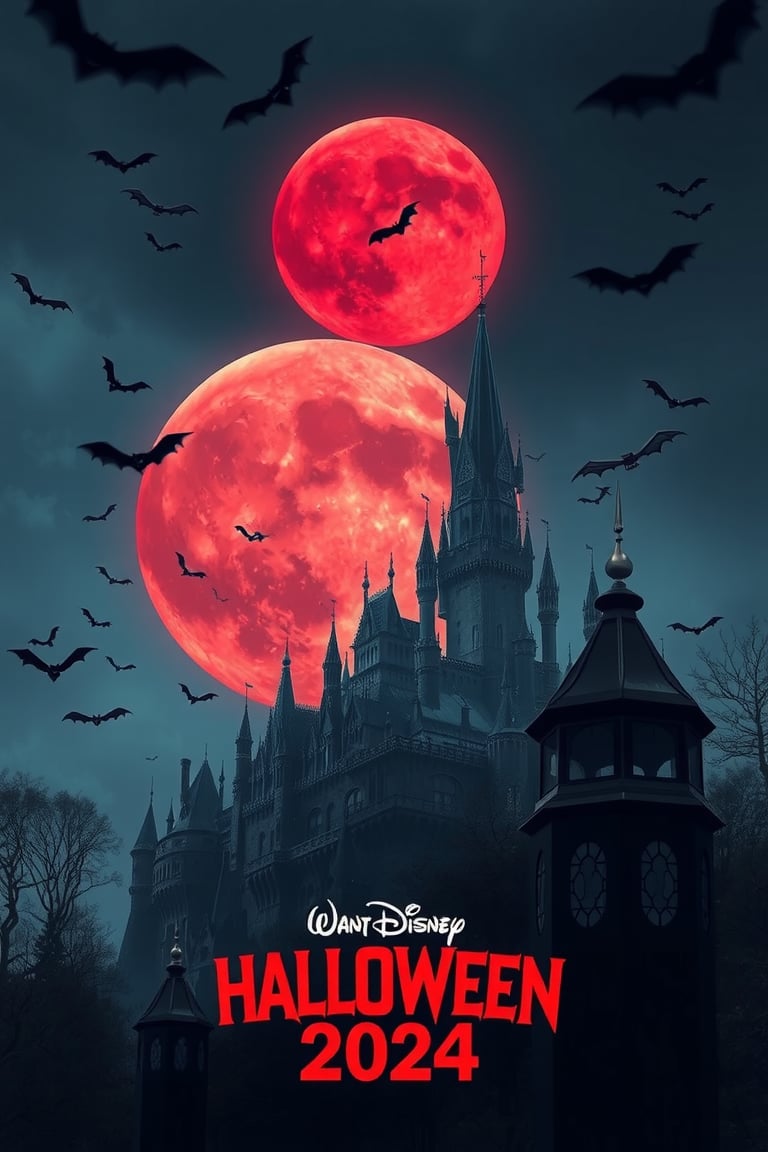 Super huge, crimson moon, spooky castle, poster of a movie about Halloween 2024, bats flying everywhere, darkness covering