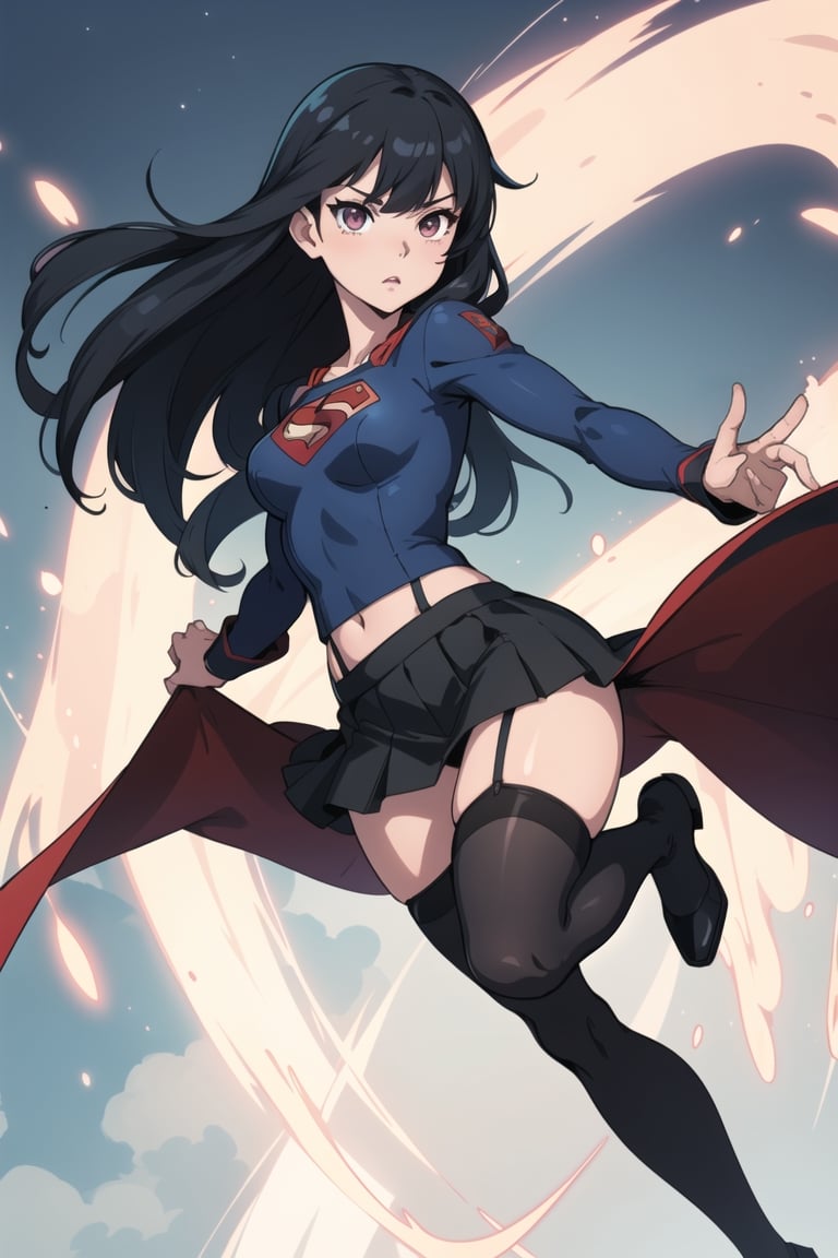 supergirle, black long hair, broe eyes, black stockigs, stocking, flying , short skirt, skirt, o thog, o uderwear, erfect body