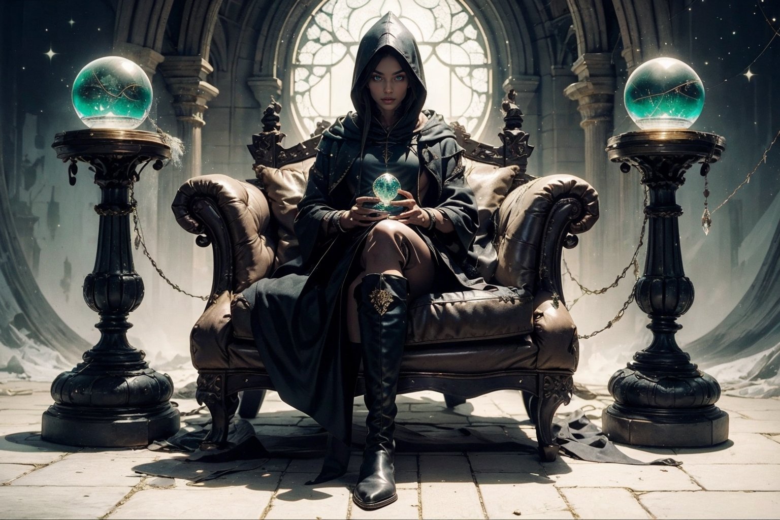 (CharacterSheet:1), sole_female, "a 23 year old sorceress, black hair, green eyes, black leather hood, black leather long boots, gazing into a crystal ball, medeval wizards castle.",