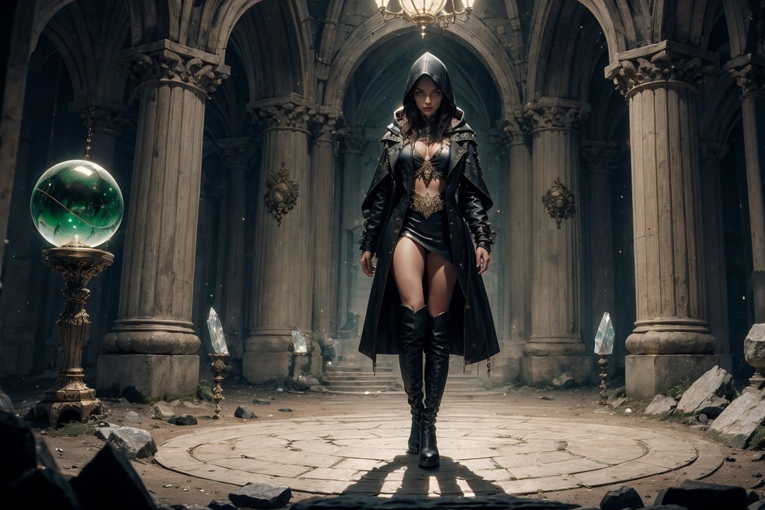 (CharacterSheet:1), sole_female, "a 23 year old sorceress, black hair, green eyes, black leather hood, black leather long boots, gazing into a crystal ball, medeval wizards castle.",