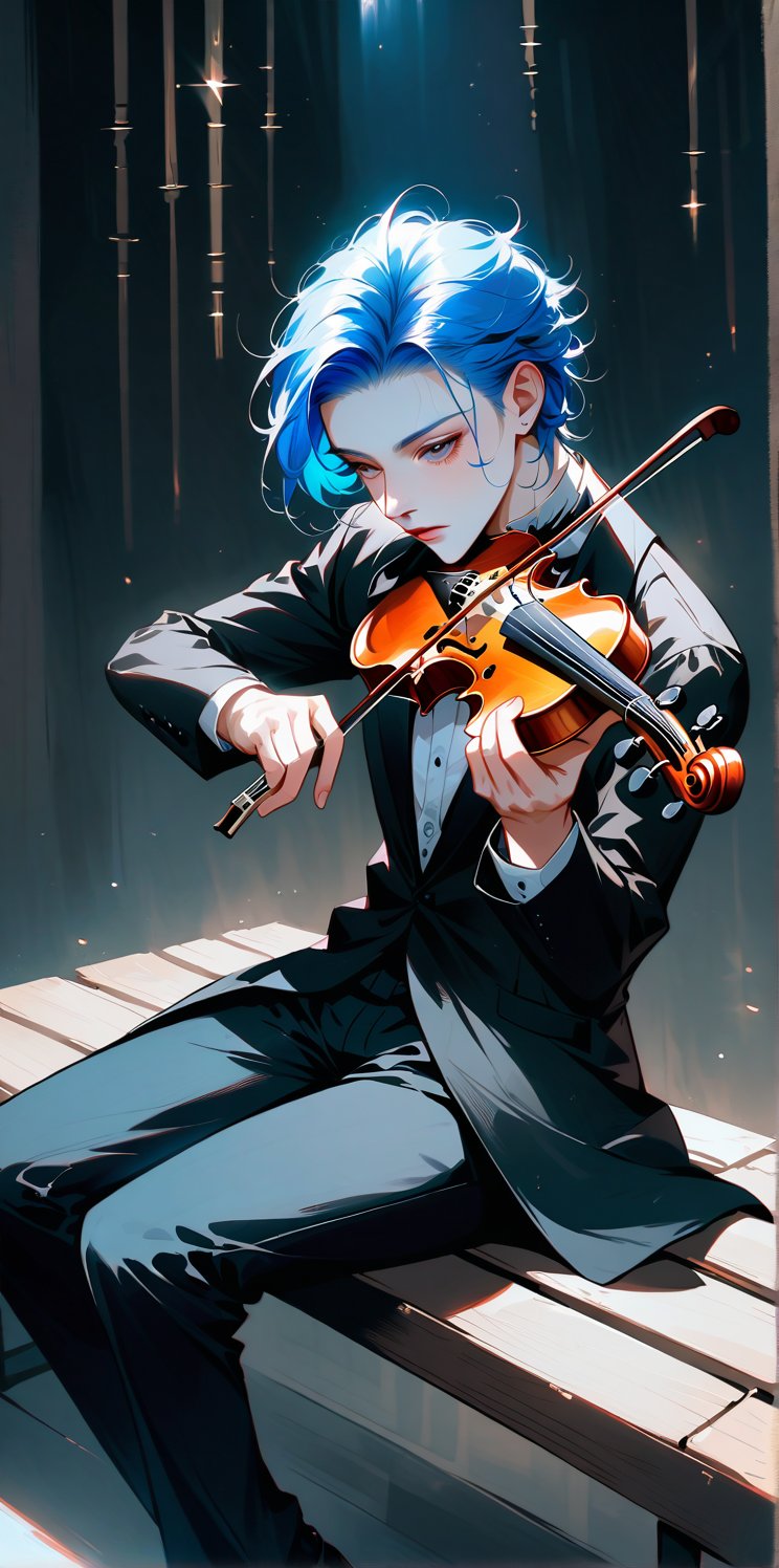 Anime style image of a beautiful boy, the boy sitting on a bench playing a violin, the boy wearing black tuxedo, neon blue hair. Pale skin, tall.

muchos detalles. Realista. Luz natural, la luz crea sombras sobre el hombre bello.