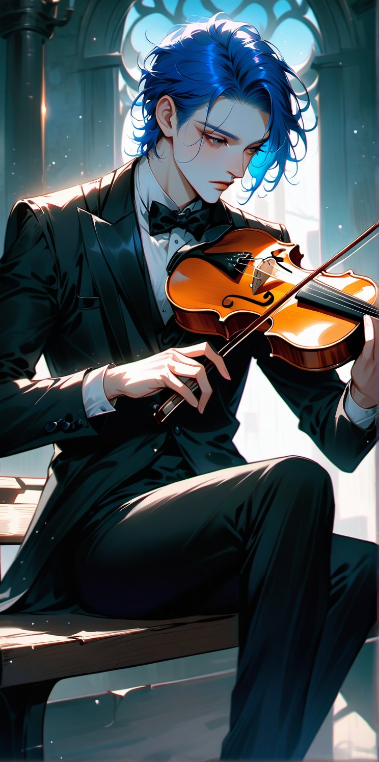 Anime style image of a beautiful boy, the boy sitting on a bench playing a violin, the boy wearing black tuxedo, neon blue hair. Pale skin, tall.

muchos detalles. Realista. Luz natural, la luz crea sombras sobre el hombre bello.