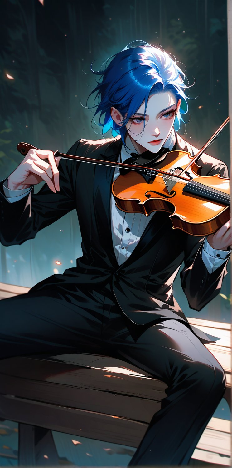 Anime style image of a beautiful boy, the boy sitting on a bench playing a violin, the boy wearing black tuxedo, neon blue hair. Pale skin, tall.

muchos detalles. Realista. Luz natural, la luz crea sombras sobre el hombre bello.