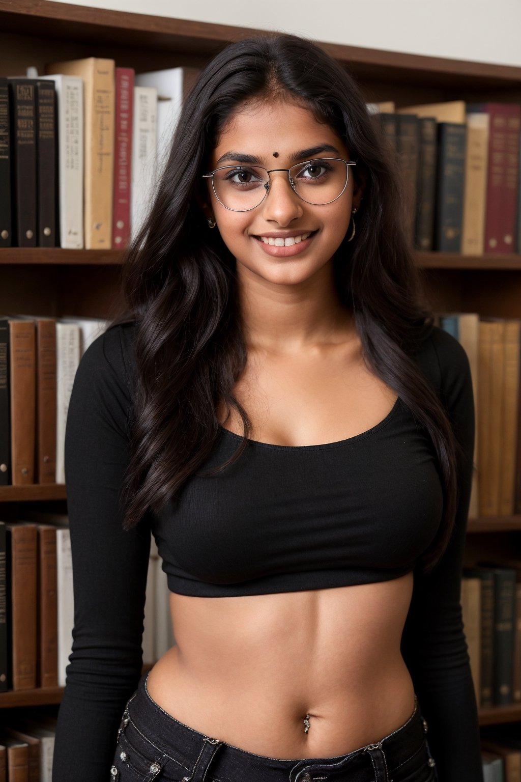 portrait photo of an beautiful teenager indian girl( in black crop top and black jeans), 23 year old, big breasts, with eyeglasses, in a library, smiling, full body image, innocent face